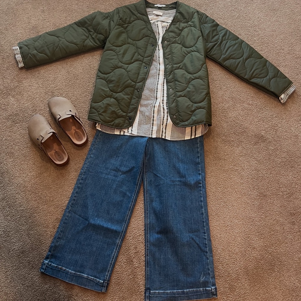 LOFT women's olive green and white striped button down size large